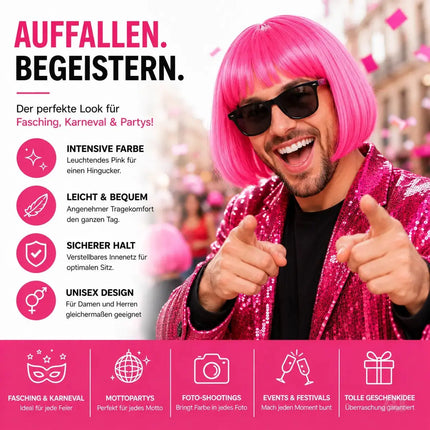 Bob Perücke Wig (Pink) – Kurzhaarperücke Pagenkopf Retro neon Cabaret & Charleston – Detailansicht 3