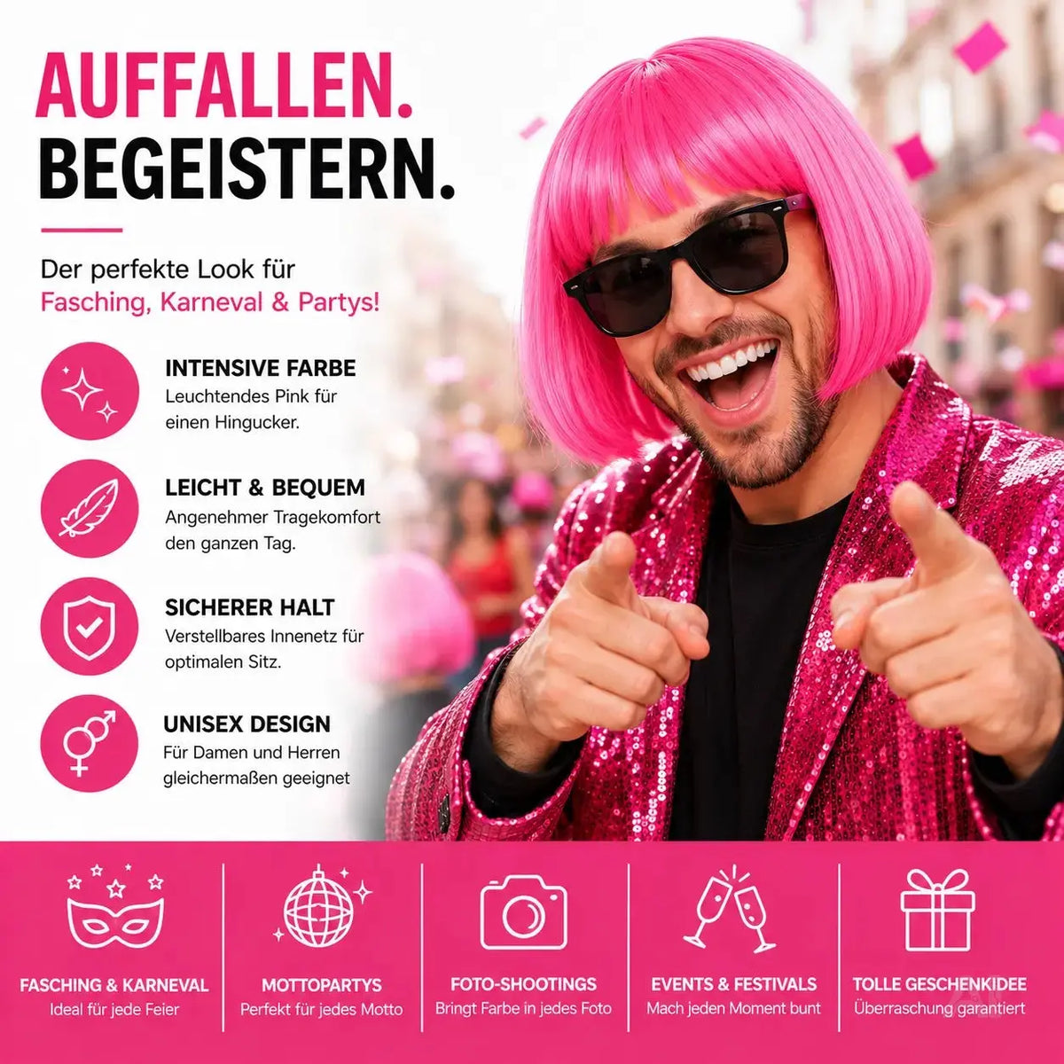 Bob Perücke Wig (Pink) – Kurzhaarperücke Pagenkopf Retro neon Cabaret & Charleston – Detailansicht 3