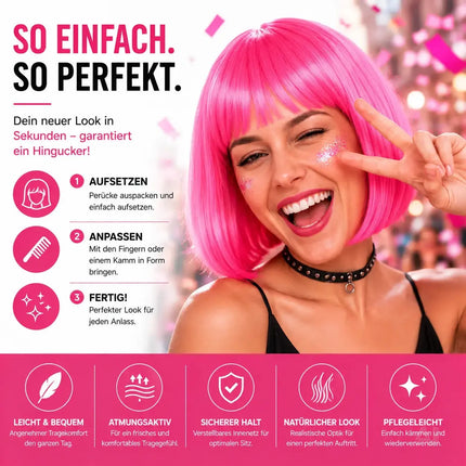 Bob Perücke Wig (Pink) – Kurzhaarperücke Pagenkopf Retro neon Cabaret & Charleston – Detailansicht 4