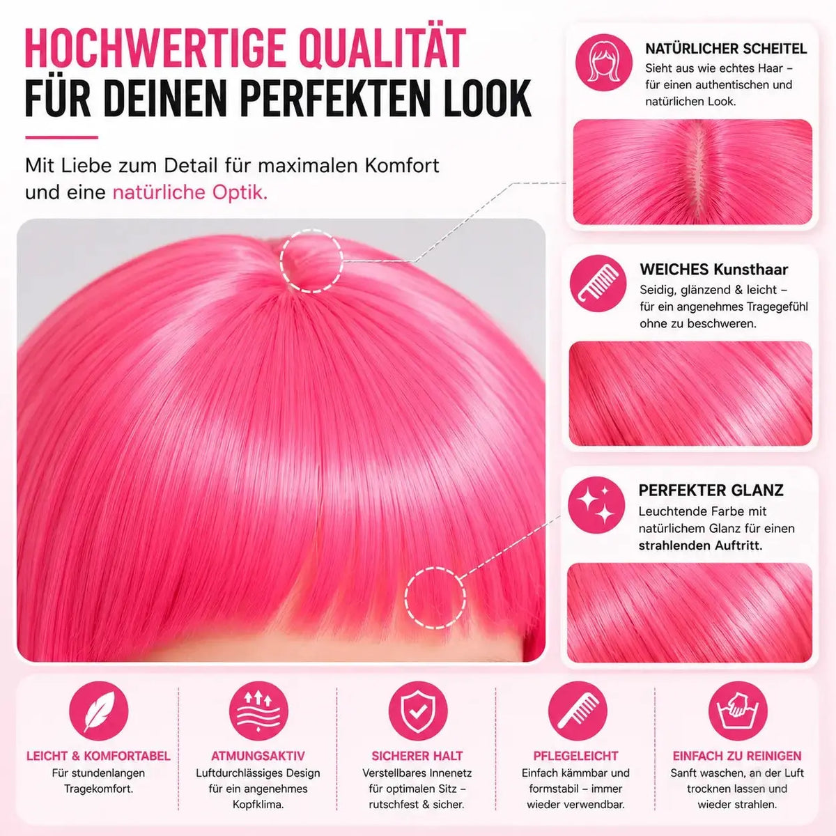 Bob Perücke Wig (Pink) – Kurzhaarperücke Pagenkopf Retro neon Cabaret & Charleston – Detailansicht 6