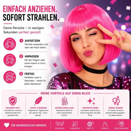 Bob Perücke Wig (Pink) – Kurzhaarperücke Pagenkopf Retro neon Cabaret & Charleston – Detailansicht 7