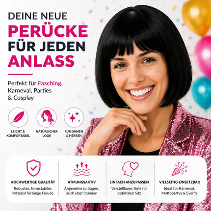 Bob Perücke Wig (Schwarz) – Kurzhaarperücke Pagenkopf Retro neon Cabaret & Charleston – für Fasching & Karneval