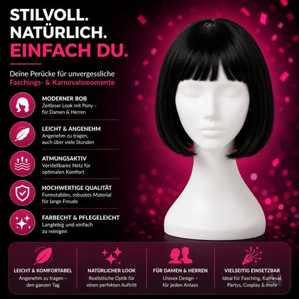 Bob Perücke Wig (Schwarz) – Kurzhaarperücke Pagenkopf Retro neon Cabaret & Charleston – für Fasching & Karneval
