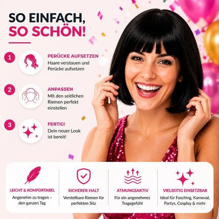 Bob Perücke Wig (Schwarz) – Kurzhaarperücke Pagenkopf Retro neon Cabaret & Charleston – für Fasching & Karneval