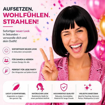 Bob Perücke Wig (Schwarz) – Kurzhaarperücke Pagenkopf Retro neon Cabaret & Charleston – für Fasching & Karneval