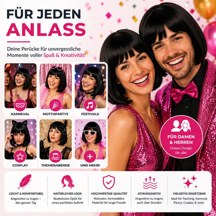 Bob Perücke Wig (Schwarz) – Kurzhaarperücke Pagenkopf Retro neon Cabaret & Charleston – für Fasching & Karneval