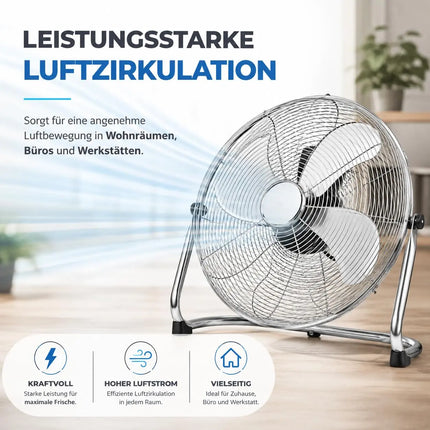 Bodenventilator aus Metall – Design Standventilator extra leise mit 3 Leistungsstufen – Windmaschine mit verstellbarem Neigungswinkel (Bodenventilator Ø 40 cm)