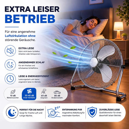 Bodenventilator aus Metall – Design Standventilator extra leise mit 3 Leistungsstufen – Windmaschine mit verstellbarem Neigungswinkel (Bodenventilator Ø 40 cm)