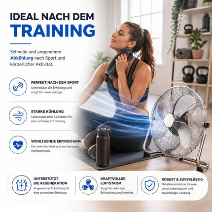 Bodenventilator aus Metall – Design Standventilator extra leise mit 3 Leistungsstufen – Windmaschine mit verstellbarem Neigungswinkel (Bodenventilator Ø 40 cm)