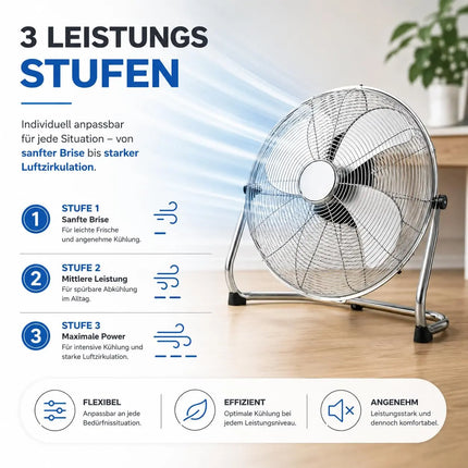 Bodenventilator aus Metall – Design Standventilator extra leise mit 3 Leistungsstufen – Windmaschine mit verstellbarem Neigungswinkel (Bodenventilator Ø 40 cm)