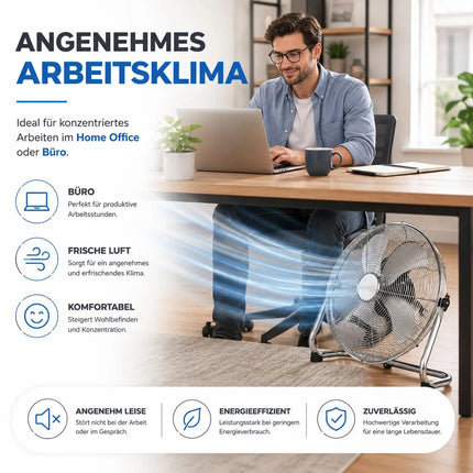 Bodenventilator aus Metall – Design Standventilator extra leise mit 3 Leistungsstufen – Windmaschine mit verstellbarem Neigungswinkel (Bodenventilator Ø 40 cm)