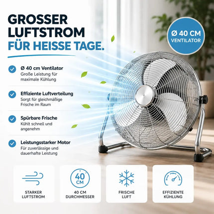 Bodenventilator extra leise aus Metall – Design Windmaschine mit 3 Leistungsstufen – Standventilator für starke Luftzirkulation (Bodenventilator Ø 40 cm)
