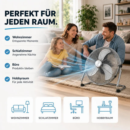 Bodenventilator extra leise aus Metall – Design Windmaschine mit 3 Leistungsstufen – Standventilator für starke Luftzirkulation (Bodenventilator Ø 40 cm)