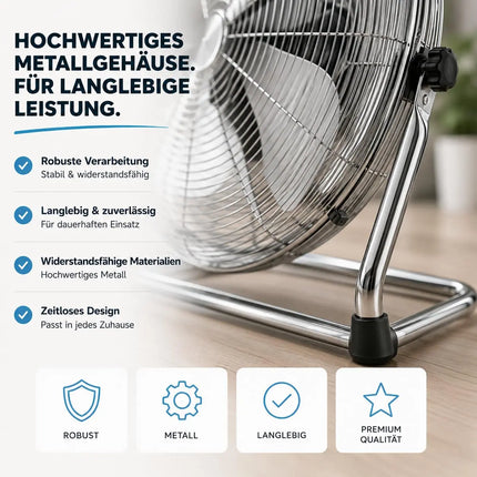 Bodenventilator extra leise aus Metall – Design Windmaschine mit 3 Leistungsstufen – Standventilator für starke Luftzirkulation (Bodenventilator Ø 40 cm)