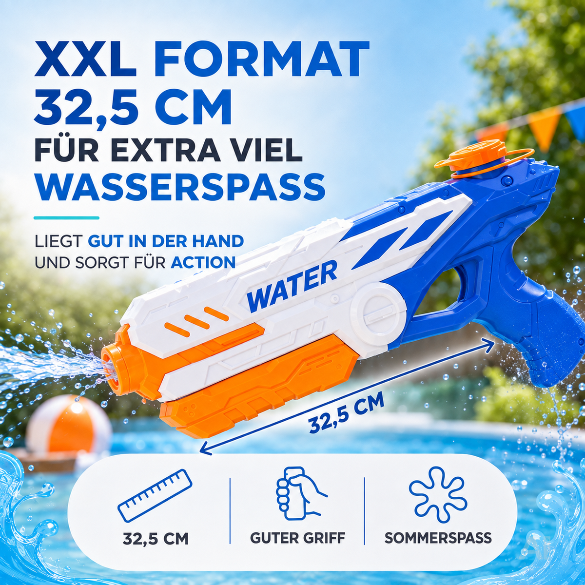 Wasserpistole für Kinder – Wasserspritzpistole & Spritzpistole für Garten, Pool, Strand, Sommer & Kindergeburtstag (XXL Wasserpistole 32.5 cm)