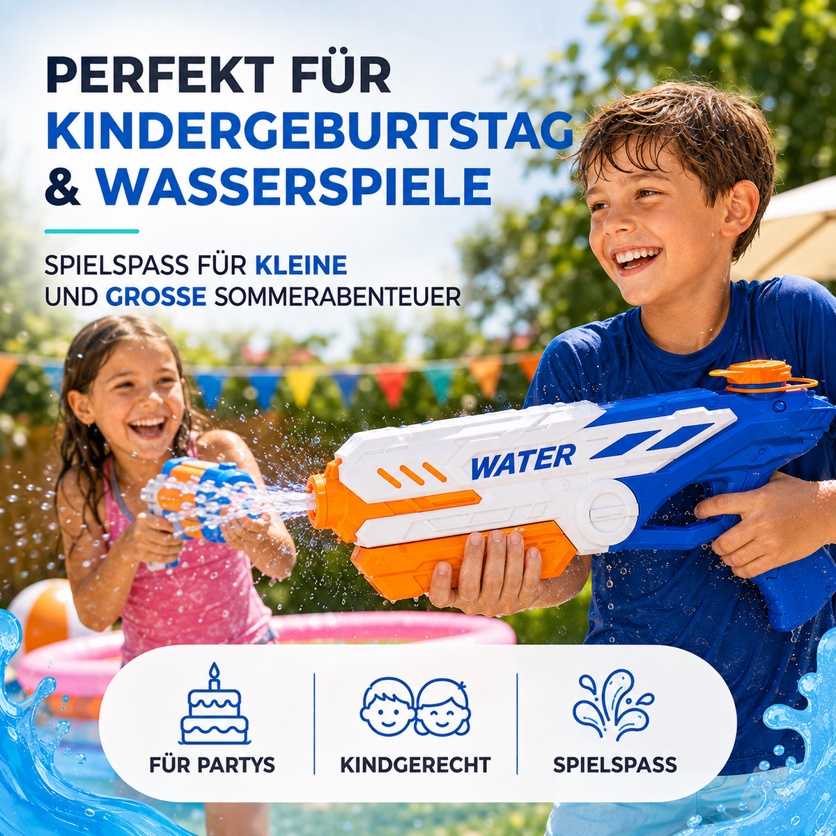 Wasserpistole für Kinder – Wasserspritzpistole & Spritzpistole für Garten, Pool, Strand, Sommer & Kindergeburtstag (XXL Wasserpistole 32.5 cm)