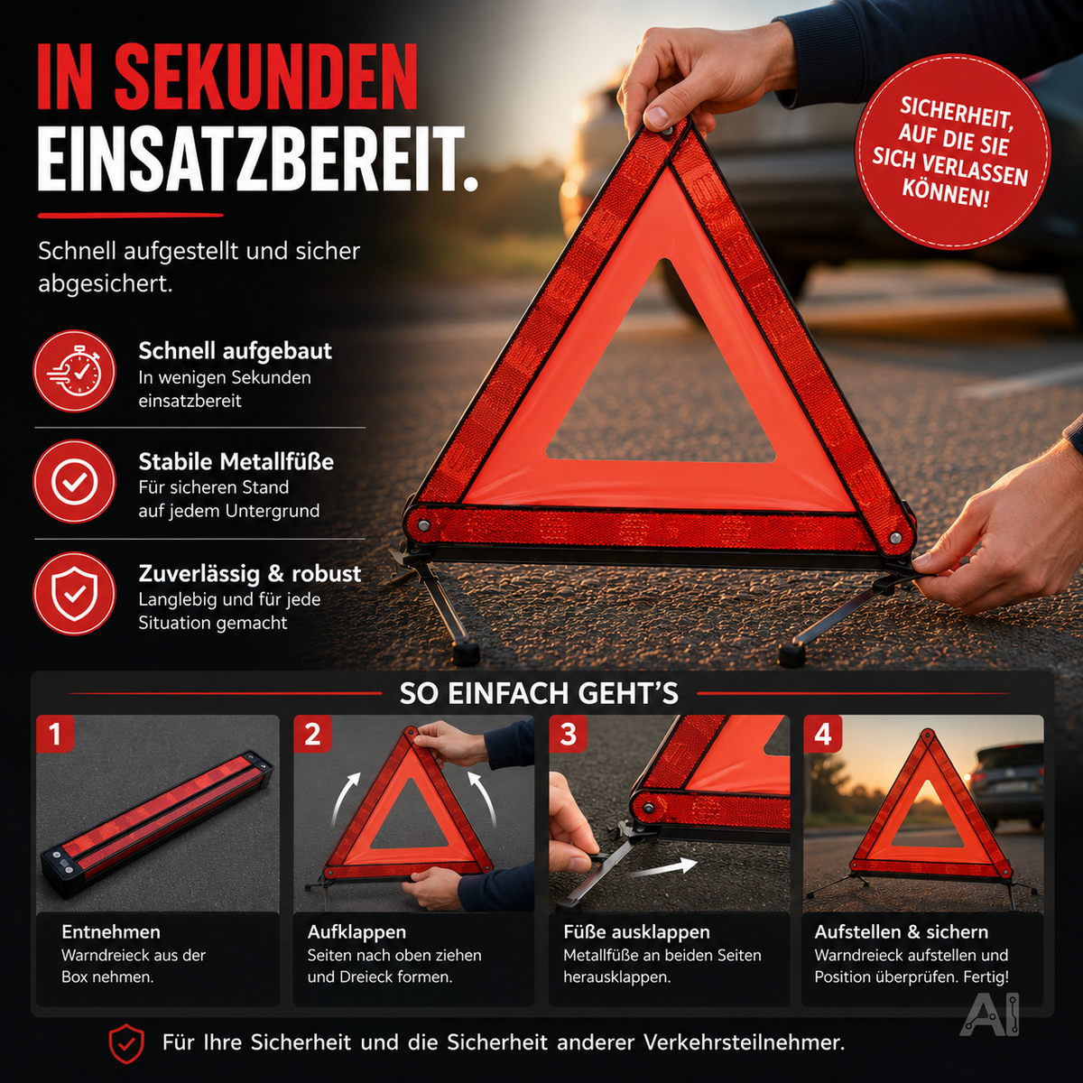 POWR CAR Warndreieck Pannendreieck - Auto PKW Notfalldreieck gemäß StVO ECE R27 2026