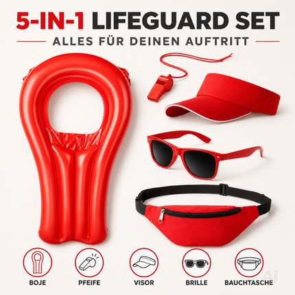 5-in-1 Rettungsschwimmer Kostüm inspiriert von Baywatch – Lifeguard Set für Damen & Herren mit Boje, Rettungsring & Zubehör für Fasching & Karneval