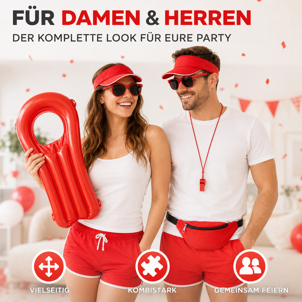 5-in-1 Rettungsschwimmer Kostüm inspiriert von Baywatch – Lifeguard Set für Damen & Herren mit Boje, Rettungsring & Zubehör für Fasching & Karneval