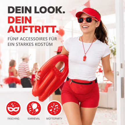 5-in-1 Rettungsschwimmer Kostüm inspiriert von Baywatch – Lifeguard Set für Damen & Herren mit Boje, Rettungsring & Zubehör für Fasching & Karneval