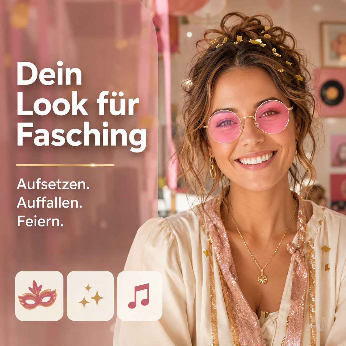 Runde Hippie-Brille mit rosa Gläsern – von einer Frau getragen