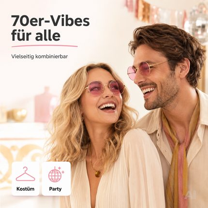 Runde Hippie-Brille mit rosa Gläsern – von zwei Personen getragen