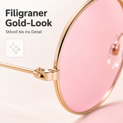 Runde Hippie-Brille mit rosa Gläsern – Nahaufnahme von Bügel und Scharnier
