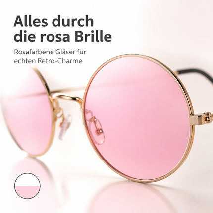 Runde Hippie-Brille mit rosa Gläsern – Nahaufnahme der Gläser