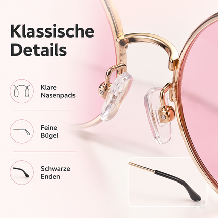 Runde Hippie-Brille mit rosa Gläsern – Nahaufnahme von Nasenauflagen und Bügelenden