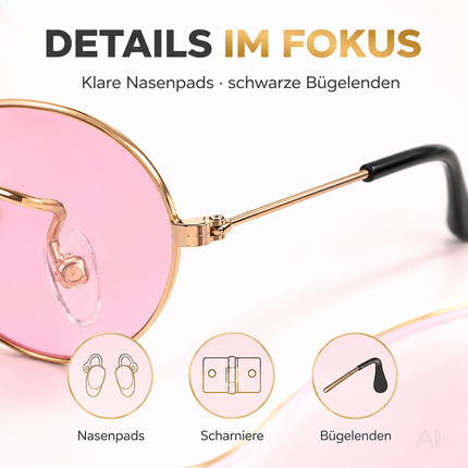 Runde Hippie-Brille mit rosa Gläsern – Nahaufnahme von Nasenauflage und Bügel