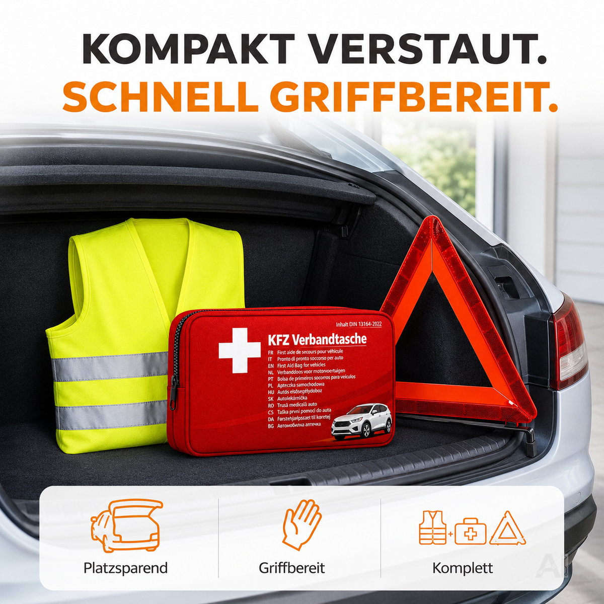 3 in 1 Set Auto Erste Hilfe Kit 2026 - KFZ-Verbandskasten, Warnweste & Pannenset