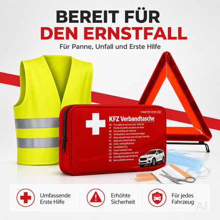3 in 1 Set Auto Erste Hilfe Kit 2026 - KFZ-Verbandskasten, Warnweste & Pannenset