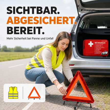 3 in 1 Set Auto Erste Hilfe Kit 2026 - KFZ-Verbandskasten, Warnweste & Pannenset