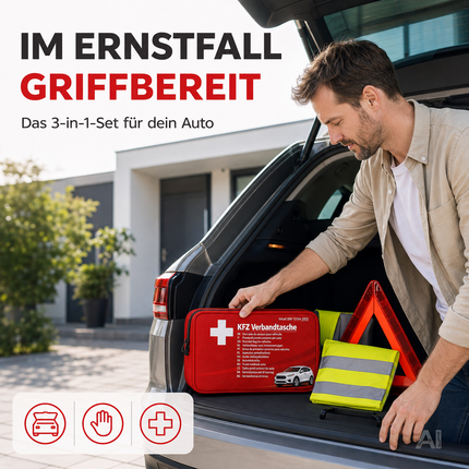 3 in 1 Set Auto Erste Hilfe Kit 2026 - KFZ-Verbandskasten, Warnweste & Pannenset