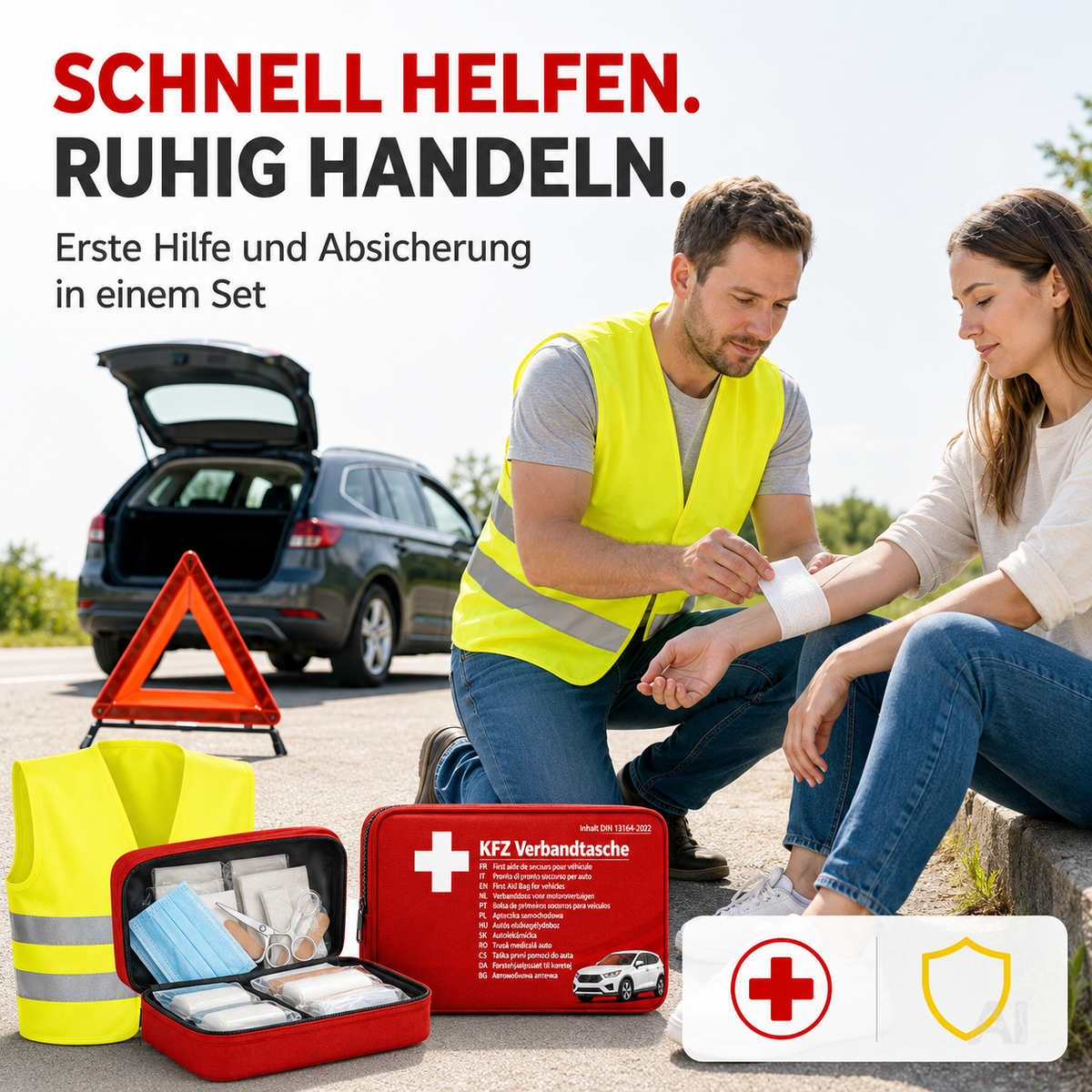 3 in 1 Set Auto Erste Hilfe Kit 2026 - KFZ-Verbandskasten, Warnweste & Pannenset