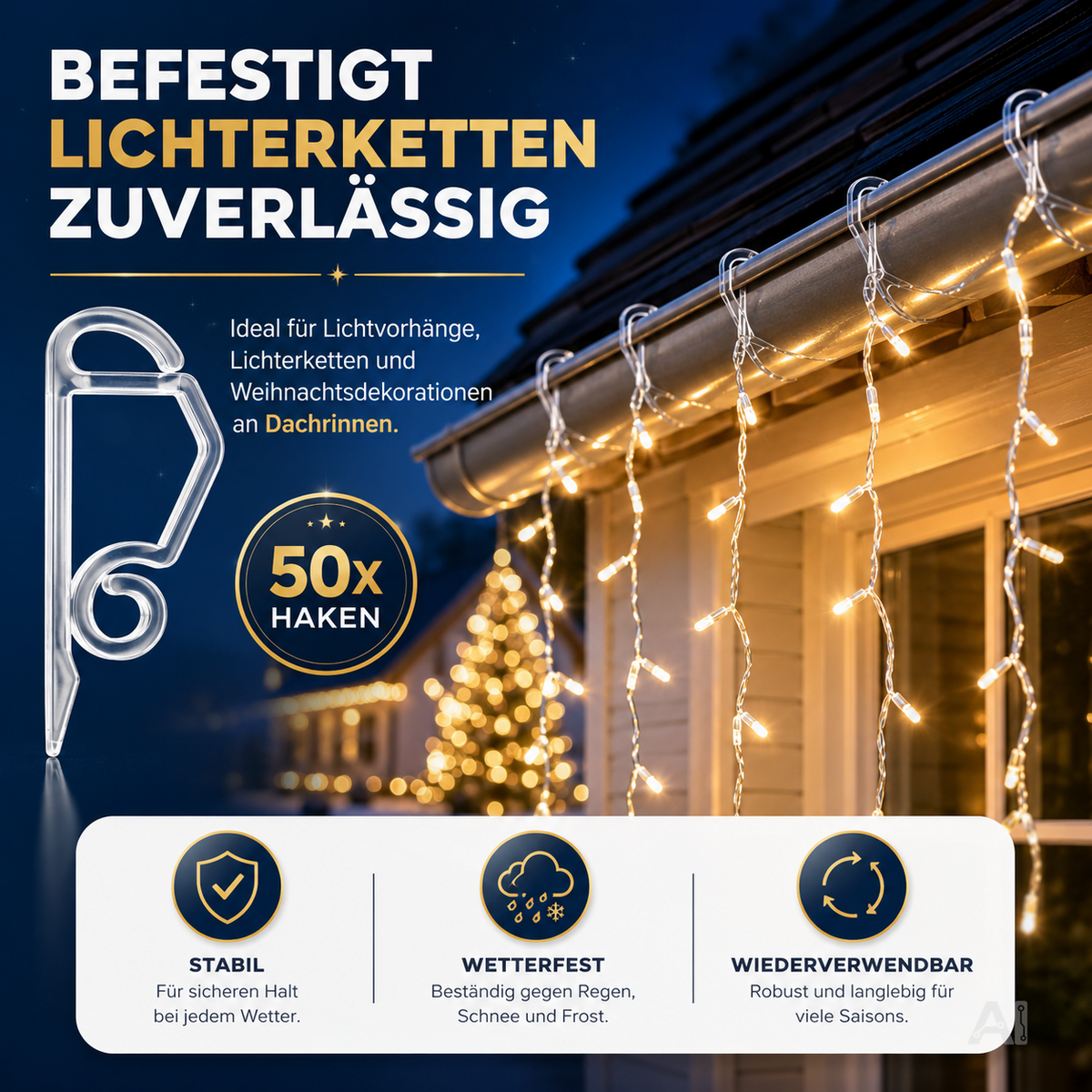 Haken und Clips zur Befestigung von Lichterketten – an einer Dachrinne