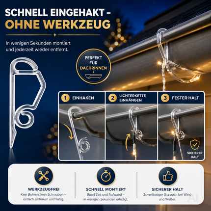 Haken und Clips zur Befestigung von Lichterketten – Nahaufnahme an einer Dachrinne