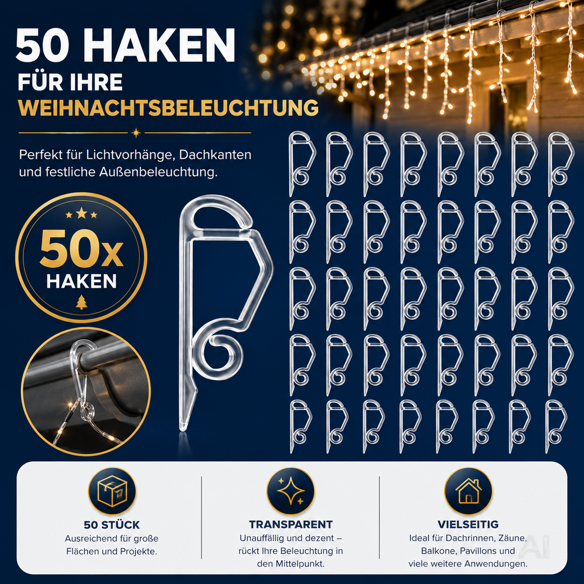 Haken und Clips zur Befestigung von Lichterketten