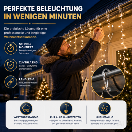 Haken und Clips zur Befestigung von Lichterketten – beim Aufhängen einer Lichterkette