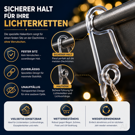 Haken und Clips zur Befestigung von Lichterketten – Nahaufnahme eines Hakens