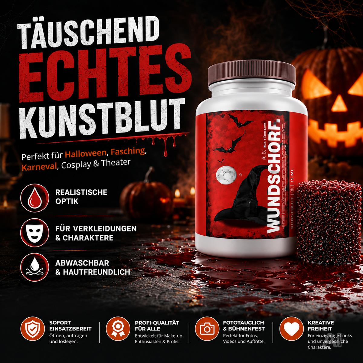Kunstblut, 15 ml, mit Wundschorf-Schwamm – Abwaschbares Krustenblut für Halloween und Fasching