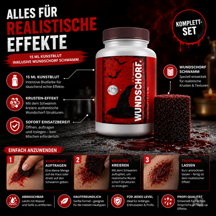 Kunstblut, 15 ml, mit Wundschorf-Schwamm – Abwaschbares Krustenblut für Halloween und Fasching