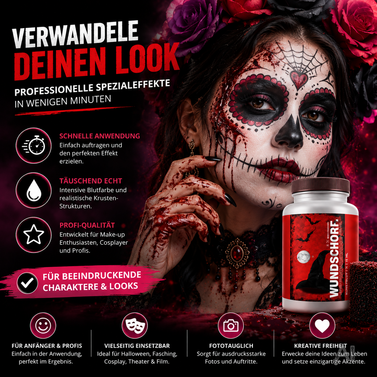 Kunstblut, 15 ml, mit Wundschorf-Schwamm – Abwaschbares Krustenblut für Halloween und Fasching