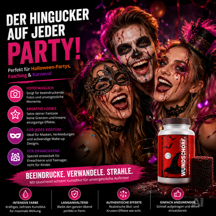 Kunstblut, 15 ml, mit Wundschorf-Schwamm – Abwaschbares Krustenblut für Halloween und Fasching