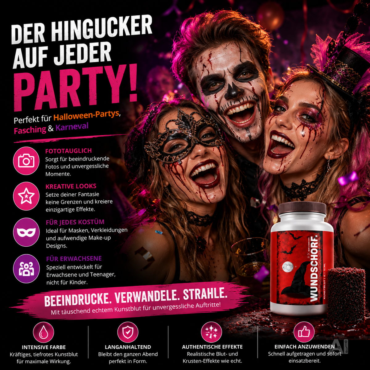 Kunstblut, 15 ml, mit Wundschorf-Schwamm – Abwaschbares Krustenblut für Halloween und Fasching