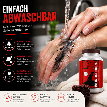 Kunstblut, 15 ml, mit Wundschorf-Schwamm – Abwaschbares Krustenblut für Halloween und Fasching