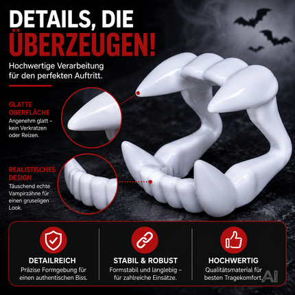 Vampirgebisse für ein Halloweenkostüm – Nahaufnahme des Gebisses