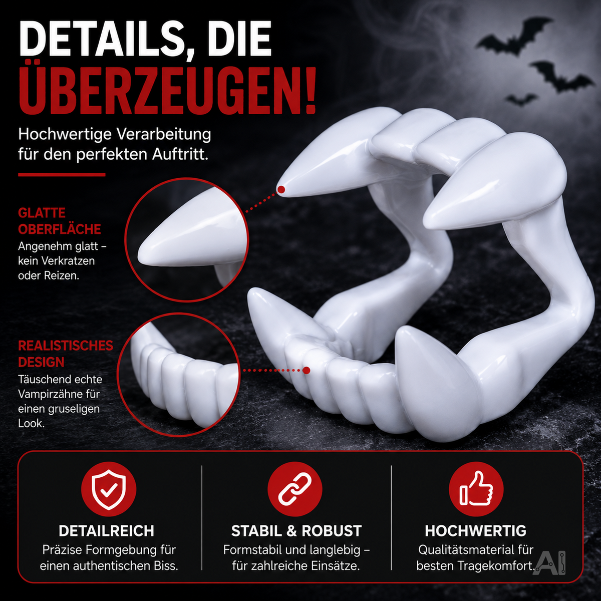 Vampirgebisse für ein Halloweenkostüm – Nahaufnahme des Gebisses