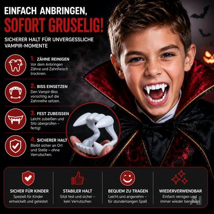 Vampirgebisse für ein Halloweenkostüm – beim Einsetzen