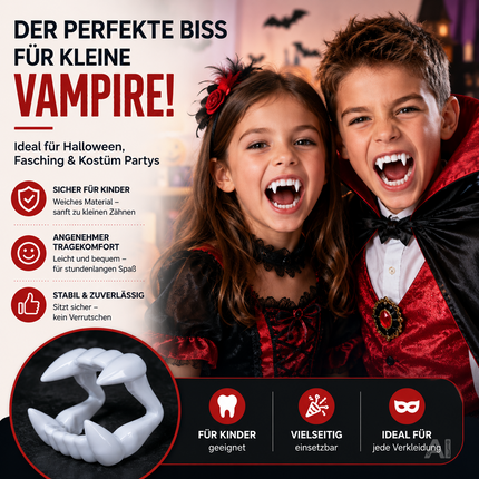Vampirgebisse für ein Halloweenkostüm – von verkleideten Kindern getragen